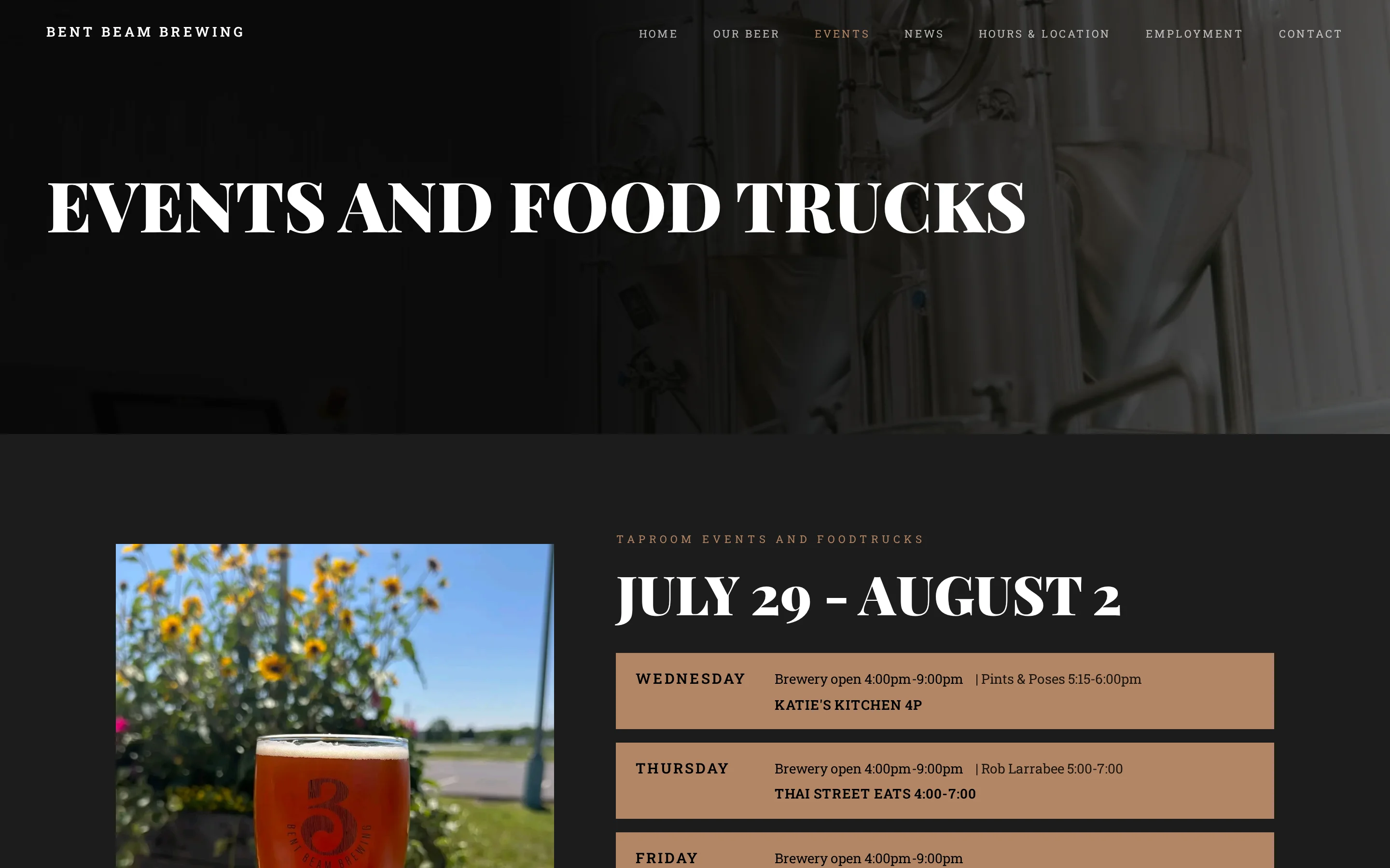 The Bent Beam Brewing events page listing upcoming live music and food truck dates.