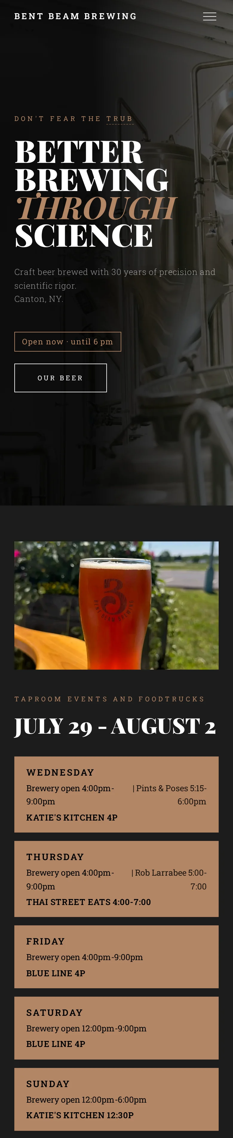 The Bent Beam Brewing homepage on a phone-sized screen.
