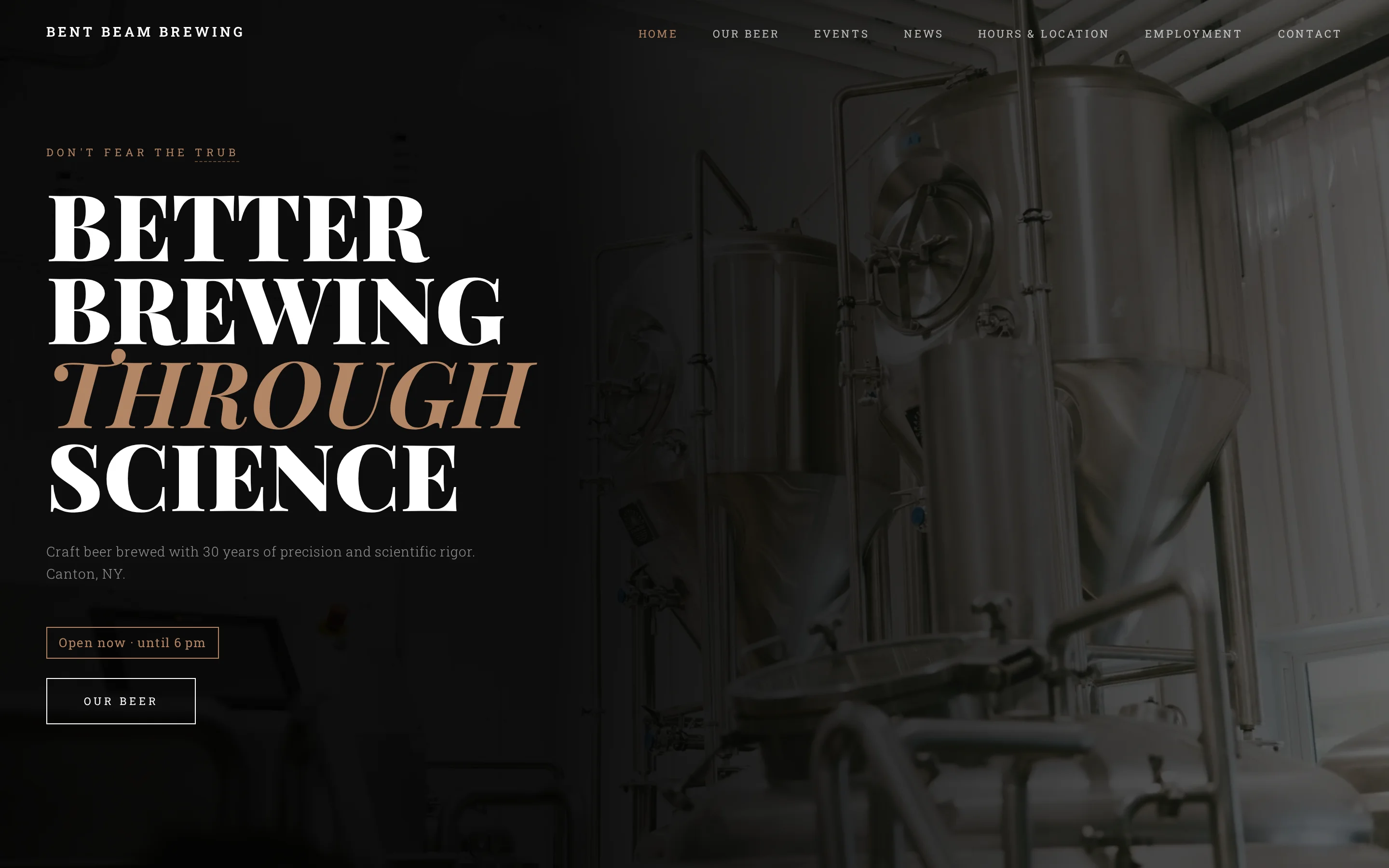 Bent Beam Brewing homepage: the headline Better Brewing Through Science over a photograph of stainless fermentation tanks.