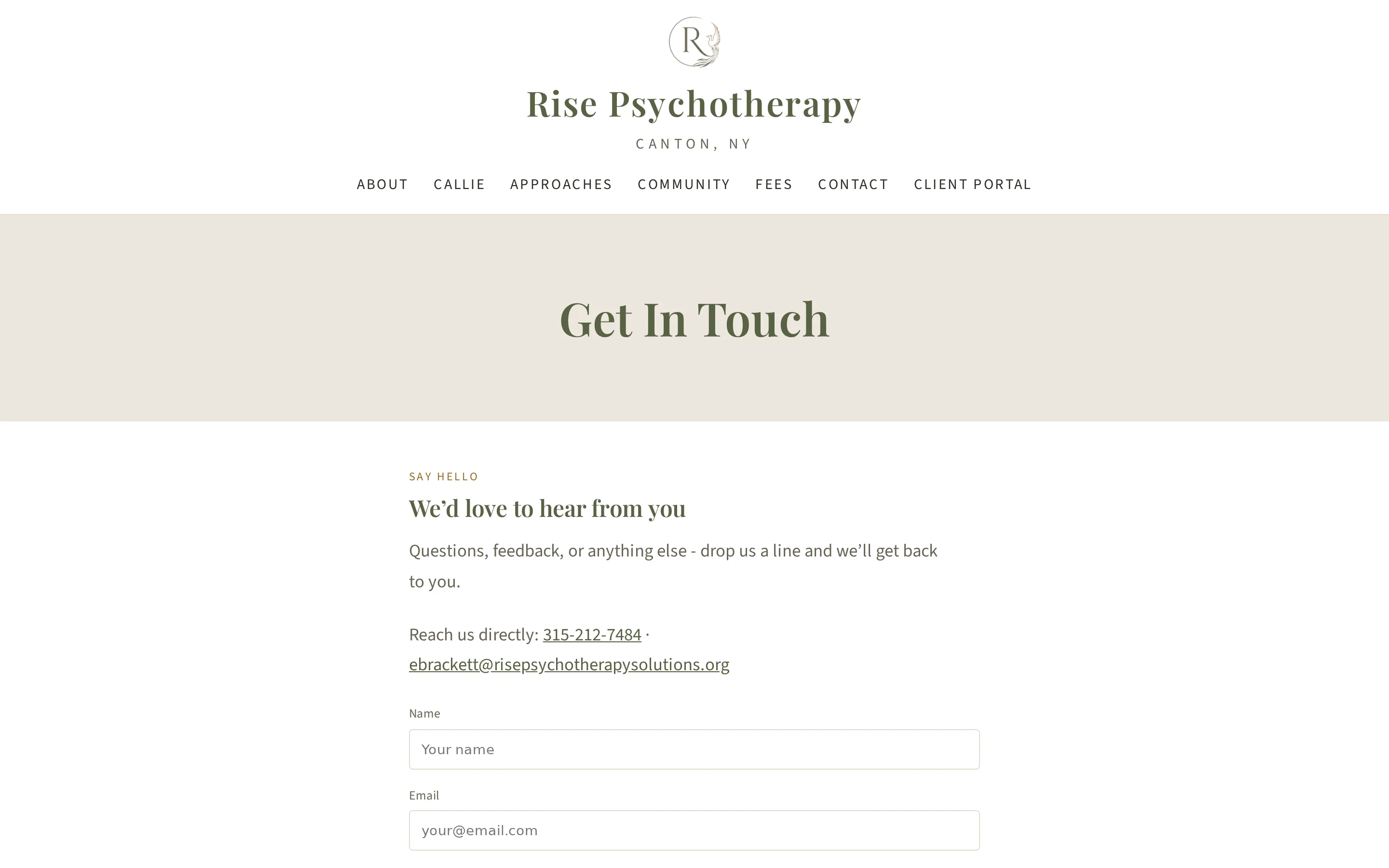 The Rise Psychotherapy contact page with direct phone and email details above a short enquiry form.