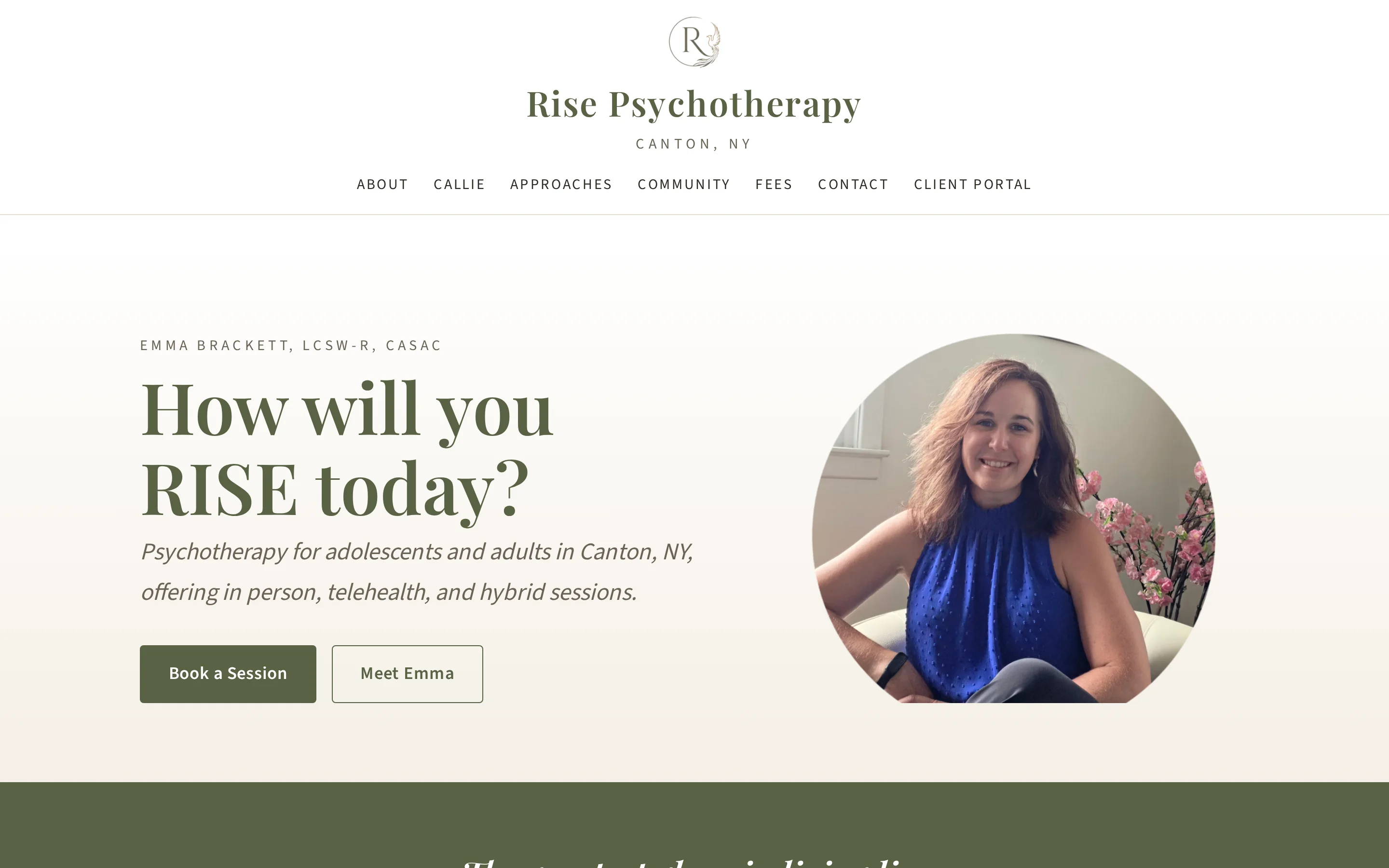 Rise Psychotherapy homepage: the headline How will you RISE today? beside a portrait of therapist Emma Brackett.